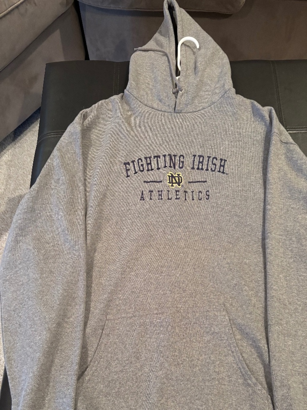 TSI Notre Dame Hooded Gray Sweatshirt with front pouch ,embroidered letters (L)